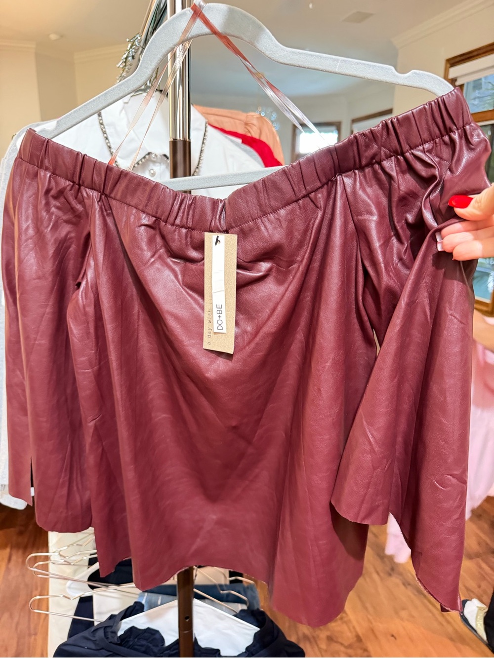 Women’s Off-Shoulder Crop Top in Burgundy Faux Leather